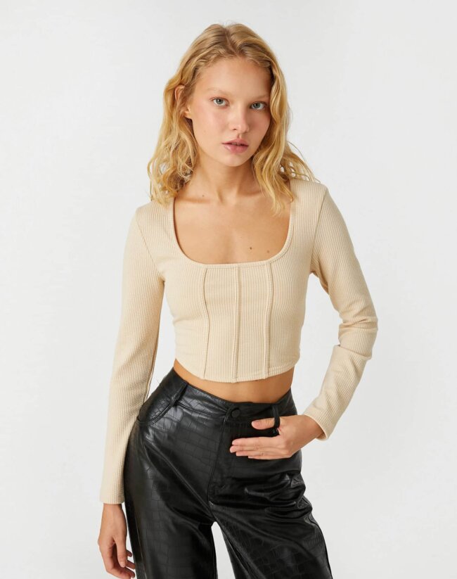 Long Sleeve T-Shirt Crop Square Collar