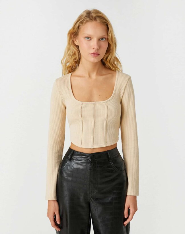 Long Sleeve T-Shirt Crop Square Collar - Image 3